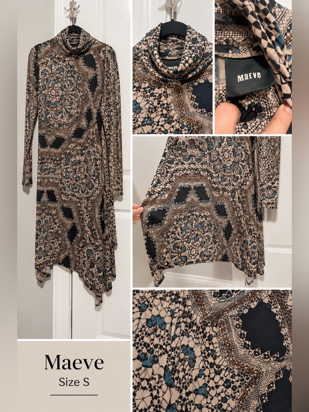 Maeve Anthropologie Geometric Print Asymmetrical Hem Turtleneck Dress Size Small